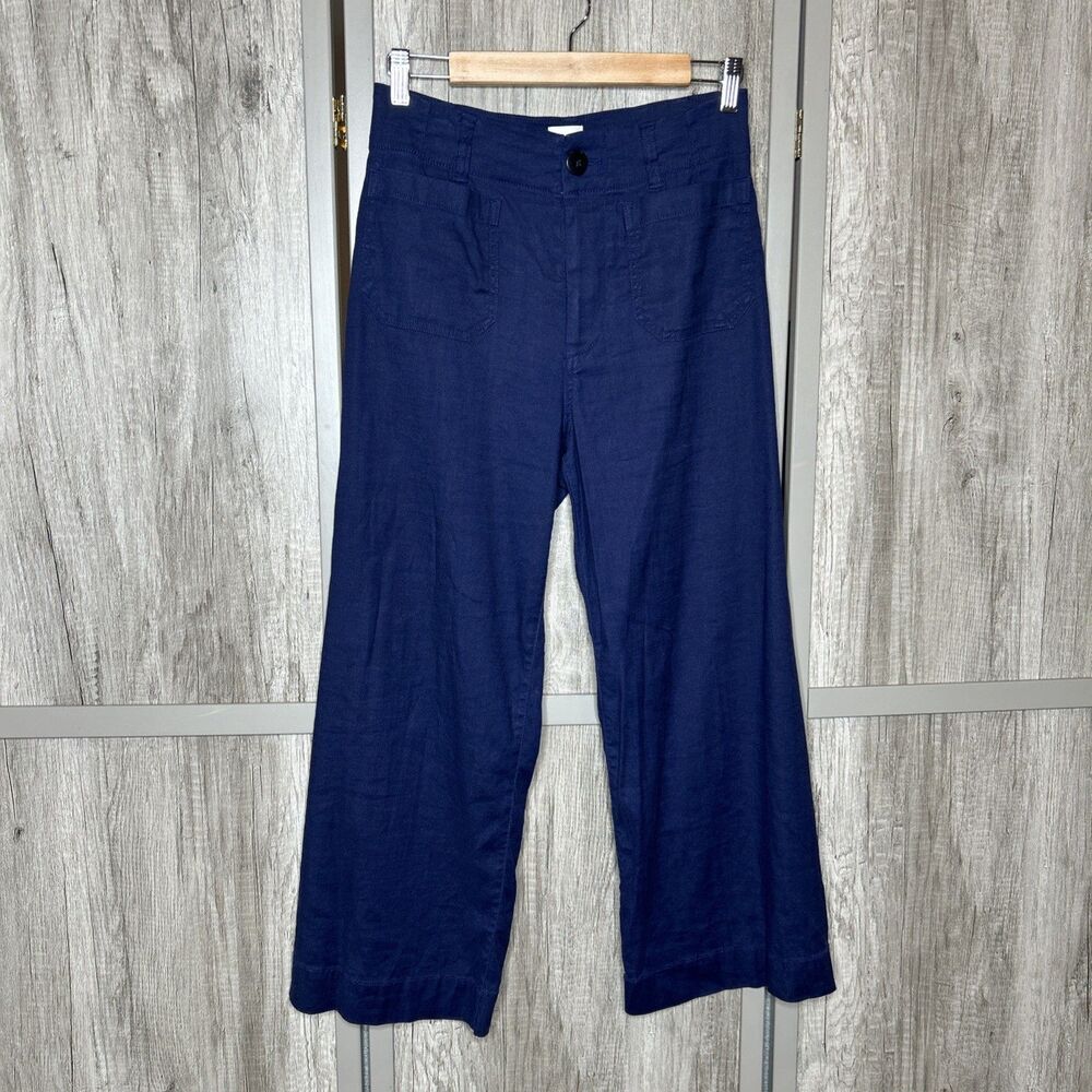 Maeve The Colette Pants Linen Blend Patch Pockets Navy Blue